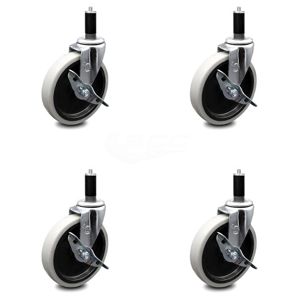 5 Inch Thermoplastic Wheel 1-1/8 Inch Expanding Stem Caster with Brakes, 4PK